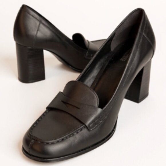Michael Kors Buchanan Black Leather Penny Loafer Block Heels – Size 11M - Picture 1 of 8